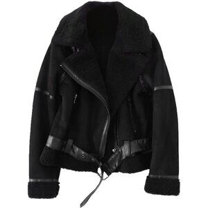 Women Black Faux Shearling Moto Jacket Thick Lined Winter Leather Coat